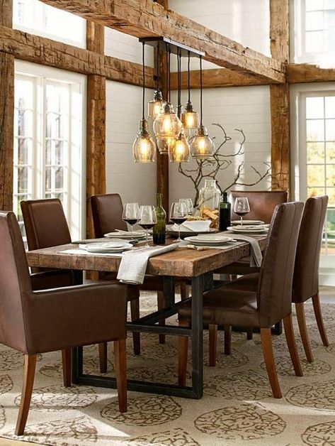 Brown Table Dining Room, Dining Room Staging, Modern Southwest Decor, Unique Table Design, Movie Chairs, Brown Dining Table, Dining Table Lighting, Dining Room Inspo, Dining Table Rustic