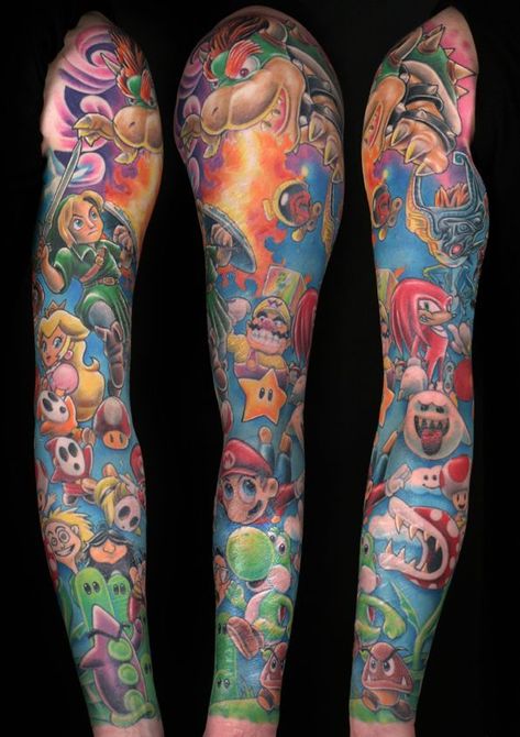 Super Mario Tattoo, Games Tattoo, Nintendo Tattoo, Video Game Tattoos, Mario Tattoo, Gamer Tattoos, Colorful Tattoos, Video Game Tattoo, Female Tattoos