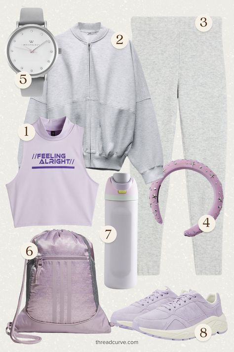 Infuse your active wear with a hint of lavender freshness and the classic comfort of grey. This moodboard captures the essence of sporty chic with a stylish crop top that declares a feel-good vibe, perfect for both your workout sessions and casual outings. Layer up with a soft, grey zip-up jacket that offers versatility and warmth for those brisk morning jogs or cool-down stretches. Cool Down Stretches, Morning Jog, Fresh Lavender, Lavender Haze, Sweater Socks, Stylish Crop Top, Fashion Moodboard, Soft Lavender, Workout Session