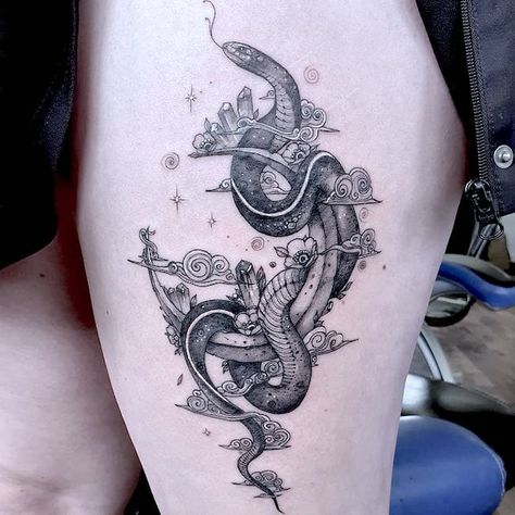 56 Dreamy Moon Tattoos With Meaning - Our Mindful Life Cat Thigh Tattoo, Pretty Snake Tattoo, Moon Tattoo Thigh, Snake Moon Tattoo, Snake And Moon Tattoo, Moon Tattoo Meaning, Snake Tattoo Meaning, Fantasy Tattoo, Cat Tattoo Simple