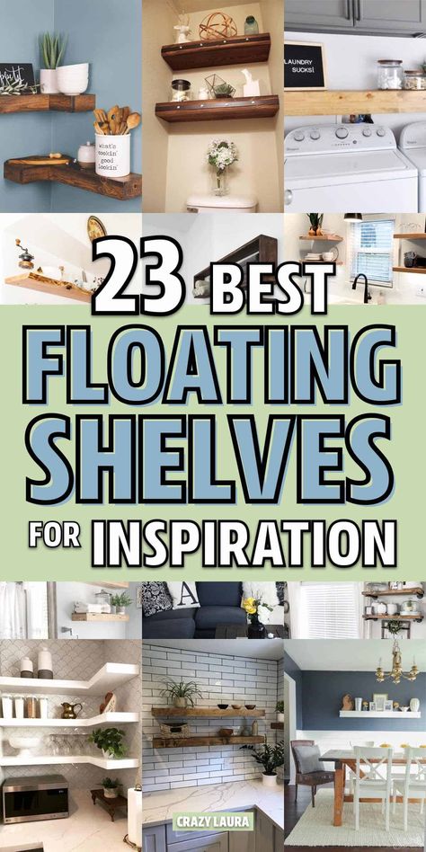 Check out these gorgeous DIY floating shelf ideas to save some money when build your own! Wood Plank Wall With Shelves, Shelves In Kitchen Wall Shelves, Bathroom Wood Floating Shelves, Hanging Bookshelves Living Room, Ikea Floating Shelves Kitchen, Floating Shelf Decorating Ideas, Floating Shelves For Kitchen Wall, Floating Shelf Ideas For Living Room, Wooden Floating Shelves Bedroom