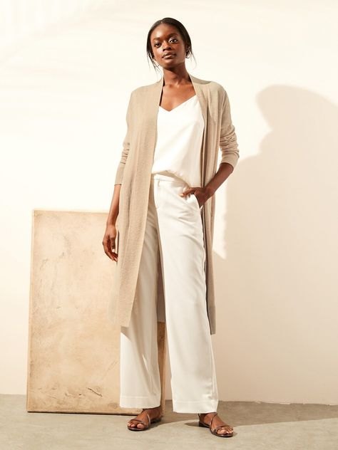 Petite Linen Blend Long Cardigan Sweater | Banana RepublicÂ® UK Summer Outfits Petite, Duster Cardigan Outfit, Duster Outfit, Long Cardigan Sweater, Size 16 Women, Linen Cardigan, Spring Capsule Wardrobe, Outfits Petite, All White Outfit