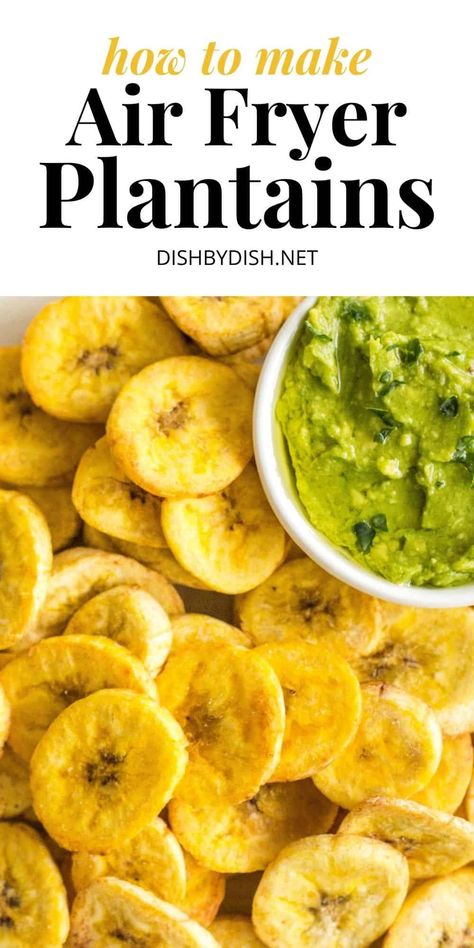 These crispy air fryer plantains are about to become your favorite snack! Incredibly crunchy and savory, these delicious plantains are perfect for dipping in guacamole or any other sauce, this easy recipe for plantain chips is totally gluten-free, dairy-free and vegan too! | healthy air fryer snacks | air fryer recipes | how to cook plantains in the air fryer Air Fryer Plantains, Plantain Chips Recipe, Air Fryer Snacks, Dairy Free Recipes For Kids, How To Cook Plantains, Aip Snack, Plantain Recipes, Plantain Chips, Healthy Vegan Snacks