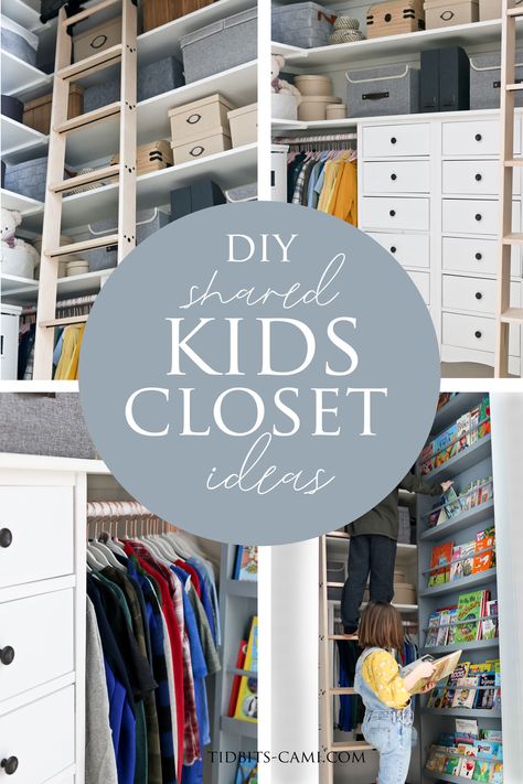 Sharing the reveal of our shared kids' closet design. This walk-in closet has some really fun features and loads of desperately needed storage, so let’s take a look. Check out our post to see ideas for closet organization for your kids! #homedesignideas Toddler Boy Closet Organization, Shared Kids Closet, Kids Closet Design, Makeshift Closet, Closet Wall Organizer, Closet Design Plans, Functional Closet, Kids Closets, Toddler Closet