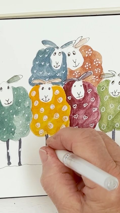 Watercolor Sheep Easy, Water Colour Card Ideas, Whimsical Watercolor Paintings, Paint Marker Art Ideas Easy, Whimsical Painting Ideas, Whimsical Watercolor Art, Watercolor Ideas Easy, Watercolor Animals Easy, Watercolor Doodles Easy