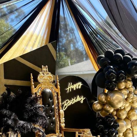 Hermanos Navarro LLC on Instagram: "The Great Gatsby themed party ✨ Tent & draping @hermanosnavarro_ Backdrop setup @egdbymara Centerpieces @exoticfeathersla Throne chair @royaltservices #thegreatgatsby#thegreatgatsbyparty#blackandgoldparty#50thbirthdaypartyideas#ostrichfeathercenterpieces" Backdrop Setup, Tent Draping, Great Gatsby Themed Party, Gatsby Themed Party, Throne Chair, Party Tent, The Great Gatsby, Great Gatsby, Themed Party