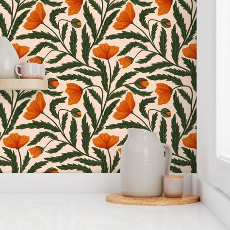 Orange Bathroom Wallpaper, California Poppy Wallpaper, Girls Bathroom Wallpaper, Green And Orange Wallpaper, Orange And Green Wallpaper, Orange Floral Wallpaper, Midcentury Wallpaper, Boho Floral Wallpaper, Retro Wallpapers