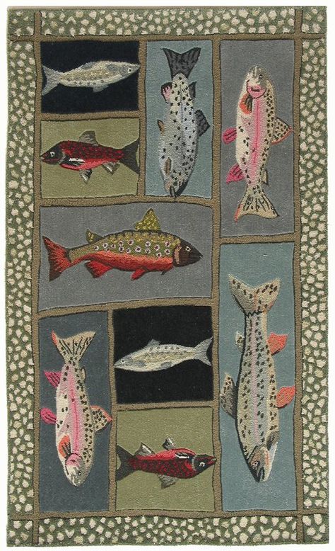 Western Area Rugs, Fish Rug, Fish Quilt, Fishing Cabin, Log Cabin Decor, Hand Hooked Rugs, Summer 19, Painted Ladies, Rug Ideas