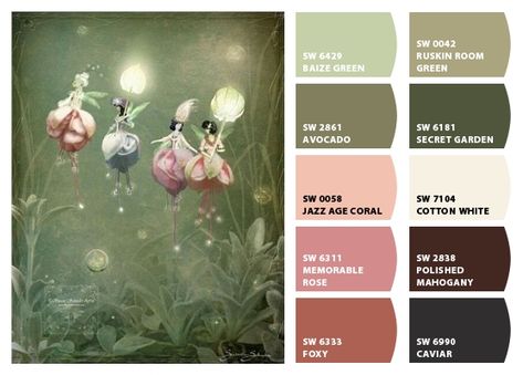 Cottagecore Wall Color Ideas, Sherwin Williams Paint Combinations, Cottagecore Color Schemes, Secret Garden Color Palette, Cottagecore Color Palette, Mushroom Bathroom, Lady Lair, Sherwin Williams Green, Mushroom Kitchen