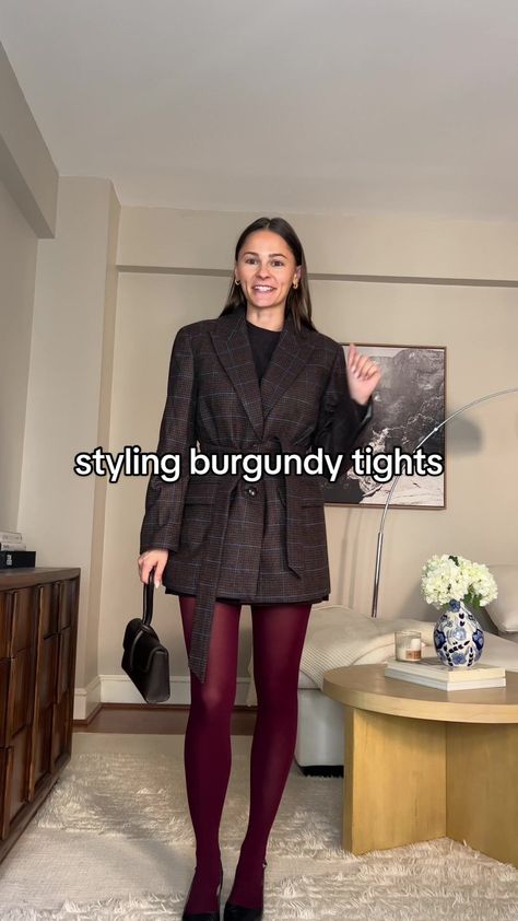 Kim J Brannigan on TikTok Coloured Tights Aesthetic, Maroon Stockings Outfit, Cherry Tights Outfit, Burgundy Tights Outfit Winter, Burgundy Stockings Outfits, Colored Stockings Outfit, Burgundy Mini Skirt Outfit, Red Tights Outfit Winter, Kim Brannigan