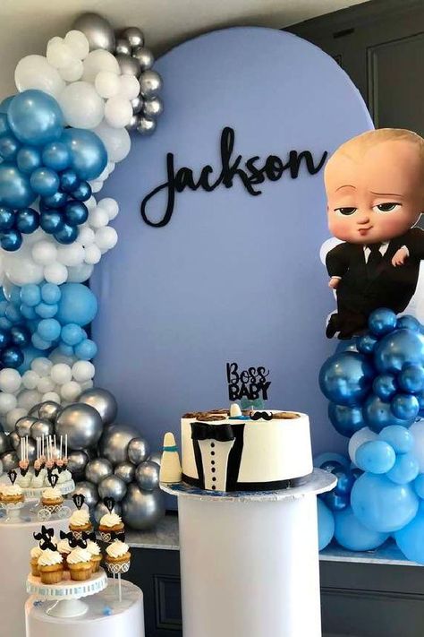 Boy Bday Decoration Ideas, Boss Baby Birthday Backdrop, Baby Boys Birthday Themes, Bossbaby Theme Party, Baby Bday Decoration Ideas, 1 St Birthday Ideas, Theme For 1st Birthday Boy, 2 Nd Birthday Decoration Ideas, Baby Boss Theme Party Ideas