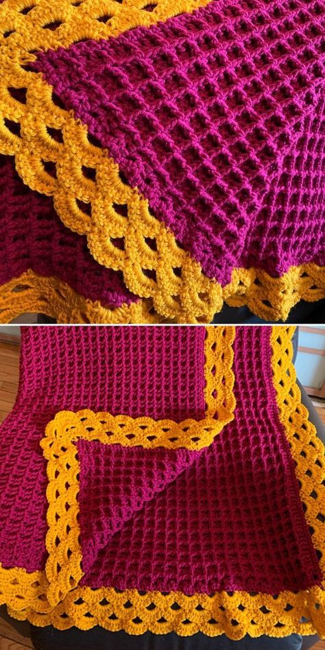 Lindsey's pattern has many fans, and one of them is marssie - the author of this stunning version! Victorian colors - purple and gold - create a truly stunning effect. Contrasting border is what makes this design so striking, so keep it in mind when making your own! #freecrochetpattern #crochetpattern #arcadestitch #crochetstitch #crochetblanket Arcade Crochet Stitch, Afghan Borders, Arcade Stitch, Blanket Edging, Crochet Blanket Edging, Victorian Colors, Crochet Shell, Artisan Yarn, Crochet Phone Cases