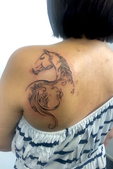 Dream Catcher Horse Tattoo, Horse Back Tattoo Women, Horse Shoulder Tattoo, Year Of The Horse Tattoo, Horse Memorial Tattoo, Horse Tattoo Ideas, Small Horse Tattoo, Horse Tattoos, Shoulder Cap Tattoo