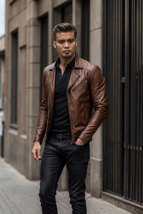 Mens Motorcycle Outfit, Vibrant Backgrounds, Leather Jeans Men, Denim Outfit Men, Brown Leather Jacket Men, Lookbook Inspiration, Best Winter Outfits, Mens Fashion Blazer, Riders Jacket