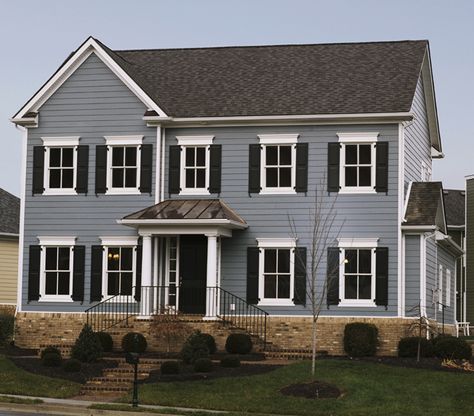 James Hardie's Boothbay Blue with Arctic White trim Blue House With Black Shutters, Blue House Black Shutters, James Hardie Boothbay Blue, Blue House White Trim, Farmhouse Den, Sage Green House, Siding Colors For Houses, Blue Houses, Exterior House Siding