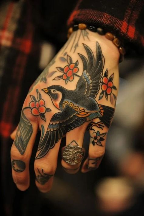 Tattoo Sailor Jerry Hand Tattoo, Sparrow Old School Tattoo, Sparrow Tattoo American Traditional, American Traditional Hand Tattoos Men, American Trad Hand Tattoo, Woman’s Hand Tattoo, American Traditional Tattoo Women, Sparrow Tattoo Men, Classic Tattoos For Men