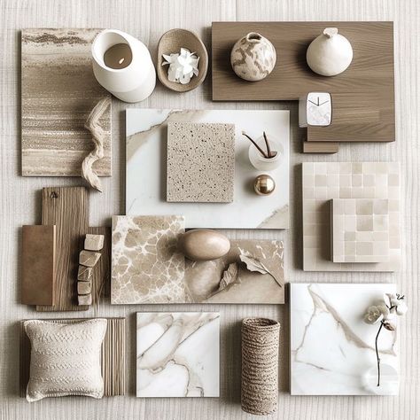 Personality Moodboard Aesthetic, Minimalist Material Palette, Neutral Mood Board Aesthetic, Mood Boards Aesthetic Interior Design, Office Mood Board Interior Design, Materials Board Architecture, Material Board Interior Design, Kitchen Mood Board Colour Palettes, Spa Mood Board