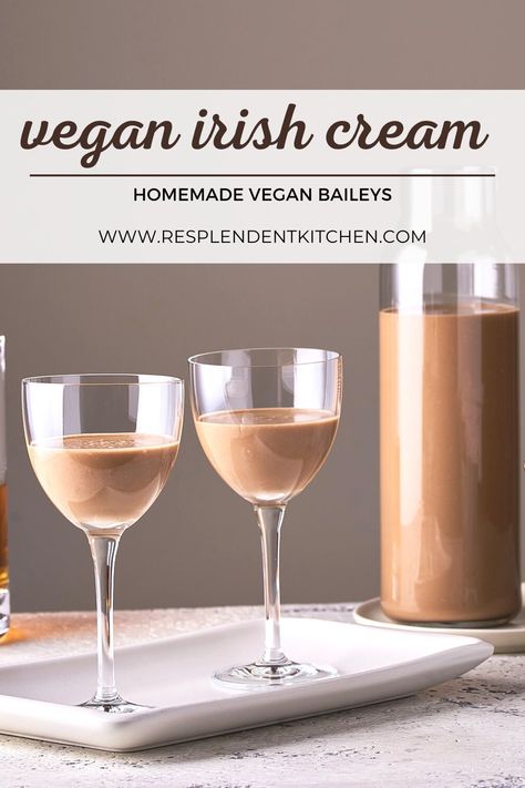 This creamy homemade Vegan Irish Cream recipe combines coconut milk with sweetened condensed coconut milk, Irish whiskey, cocoa powder, coffee extract, and vanilla. This delicious vegan Baileys has hints of cocoa and vanilla and can be whipped up in less than 5 minutes in a blender! Vegan Irish Cream, Vegan Baileys, Seasonal Vegan Recipes, Baileys Irish Cream Recipes, Irish Cream Recipe, Homemade Cashew Milk, Homemade Baileys, Vegan Drinks Recipes, Liqueur Recipes