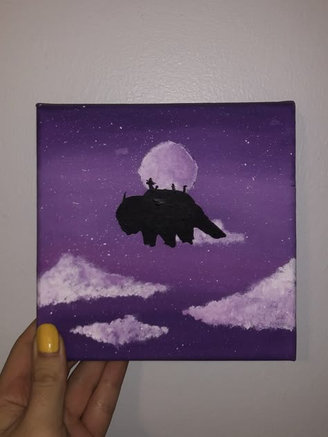 appa painting in purple moonlight Easy Avatar Painting, Appa Silhouette, Atla Painting Canvas, Avatar The Last Airbender Canvas Art, Avatar Painting Ideas, Atla Painting Ideas, Avatar The Last Airbender Painting Ideas, Avatar Canvas Painting, Appa Painting