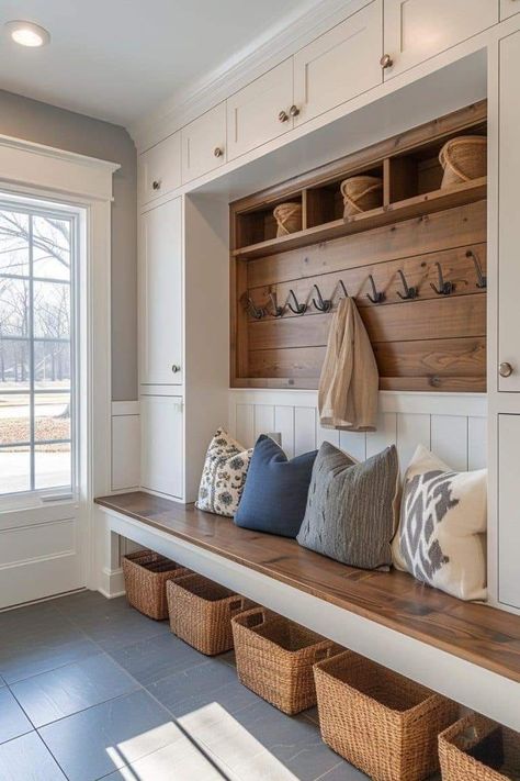 Built In Entry Way Ideas, Front Entry Built In, Entryway Ideas With Cabinets, Small Hall Ideas Entrance, Hallway Open Closet, Cottage Mudroom Ideas, Mud Room Cubbies With Bench Diy, Hall Seating Ideas, Unique Mudroom Ideas