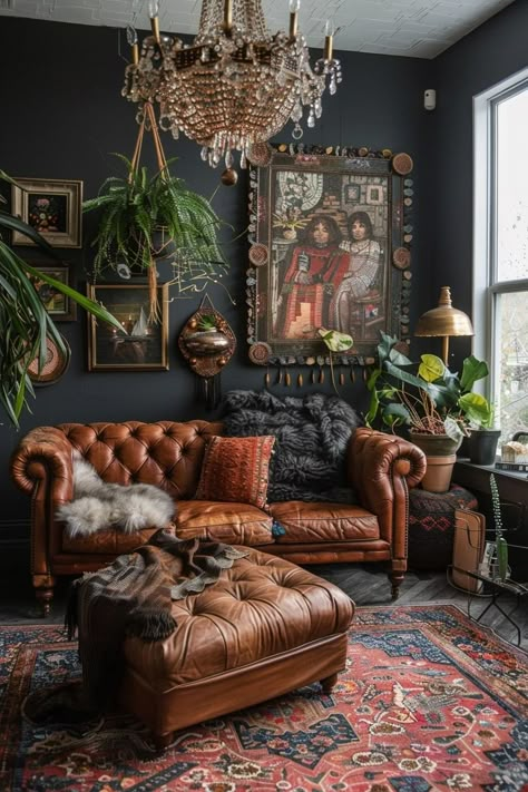 16 Dark Boho Living Room Interior Designs You Will Fall In Love With! - My Decor Inspo Eclectic Beauty Salon, Boho Coastal Bedroom, Dark Boho Living Room, Gothic Living Room, Moody Living Room, Victorian Boho, Home Fall Decor, Moody Decor, Dark Boho