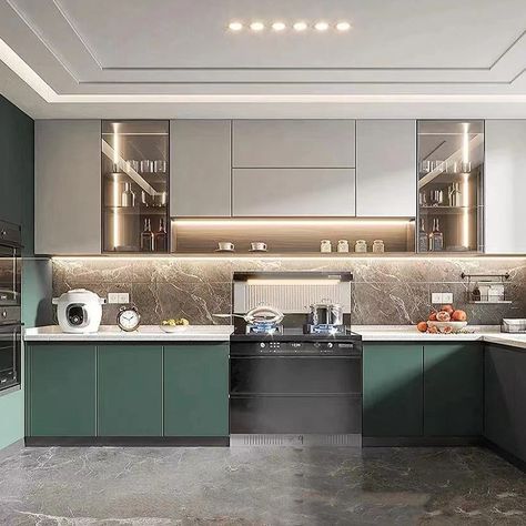 Green white two tone makes thek kitchen more fresh😄 Kitchen Layout Plans With Island, Kitchen Cabinets Colour Combinations, Modular Kitchen Cabinets Colour Combinations, Small Modular Kitchen, Kitchen Unit Designs, Kitchen Colour Combination, Coastal Kitchen Design, Modular Kitchen Cabinets, Kitchen Layout Plans