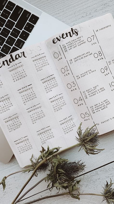 Bujo Ideas Minimalist Calendar, Diary Calendar Ideas, Bullet Journal Events Page, Bullet Journal Events, Bujo First Page, Bujo First Page Ideas, Bullet Journal Goals Page, Bullet Journal Yearly, Bullet Journal Calendar