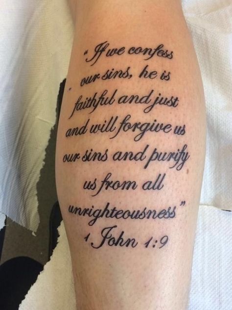 Calf Tattoo Men Bible Verse, Side Tattoos For Men Ribs Quotes, Message Tattoo Men, Calf Quote Tattoo, Bible Verse Calf Tattoo, Bible Verse Leg Tattoos For Men, Religious Tattoos Quotes, Scripture Tattoos For Men, Bible Verse Tattoos For Men