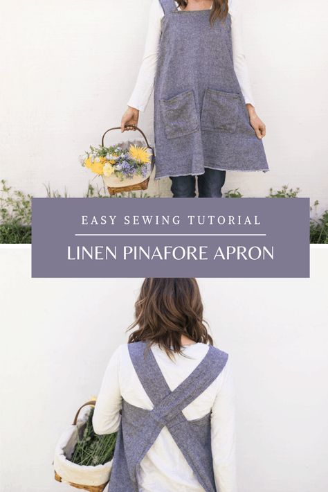 Linen Vest Pattern, Farmhouse Apron Pattern, Cross Back Apron Pattern, Linen Apron Pinafore, Linen Pinafore Apron, Apron Ideas, Apron Pinafore, Apron Sewing, Linen Pinafore