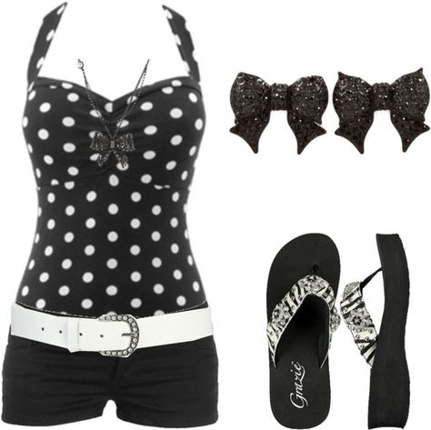 dotty by karlibugg on Polyvore Dots Outfit, Polka Dots Outfit, Rockabilly Outfits, Rockabilly Pin Up, Rockabilly Style, Rockabilly Fashion, Psychobilly, Pin Up Style, Cute Summer Outfits