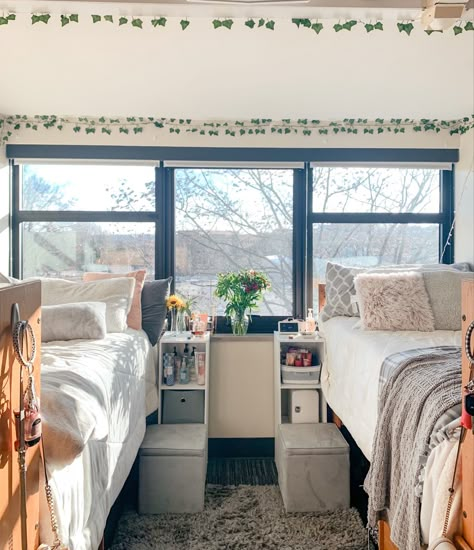 Uc Dorm Room Ideas, Cozy College Dorm Aesthetic, Dorm Room 2 Beds, Kent State University Dorm, Two Bed Dorm Room, College Life Aesthetic Dorm, Dorm Room Designs College For Two, Kent State University Aesthetic, Dorm Room For 2