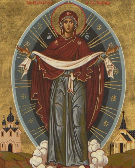 Icon of "The Holy Protection" of the Theotokos Orthodox Christian Icons, Paint Icon, Mother Of God, Blessed Mother Mary, Byzantine Icons, The Virgin Mary, Holy Cross, Religious Icons, Blessed Virgin Mary