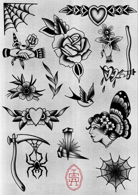 Dark Traditional Tattoo Flash, Small Trad Tattoo, Trad Heart Tattoo, Classic Tattoo Old School, Vintage Tattoo Men, Old School Snake Tattoo, Small Traditional Tattoo, Traditional Tattoo Stencils, Traditional Tattoo Flash Art