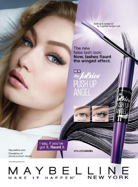 GIGI HADID | MAYBELLINE NEW YORK COSMETICS 2016 ADVERTISEMENT Tradeshow Design, Makeup Advertisement, Anastasia Makeup, Makeup Layout, Makeup Materials, Brown Hairstyles, Maybelline Mascara, Cosmetic Creative, Beauty Advertising