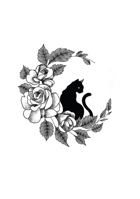 Cat Moon Tattoo, Element Tattoo, Tattoo Wedding Rings, Black Cat Tattoos, Elements Tattoo, Moon Tattoo Designs, Cat Moon, Cat Tattoo Designs, Cat Flowers