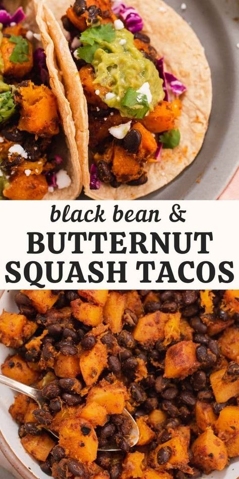 Black Bean And Butternut Squash Burritos, Black Bean And Butternut Squash, Butternut Squash Recipes Healthy, Squash Black Bean, Butternut Squash Recipes Easy, Squash Tacos, Butternut Squash Tacos, Best Butternut Squash Recipe, Butternut Squash Vegan