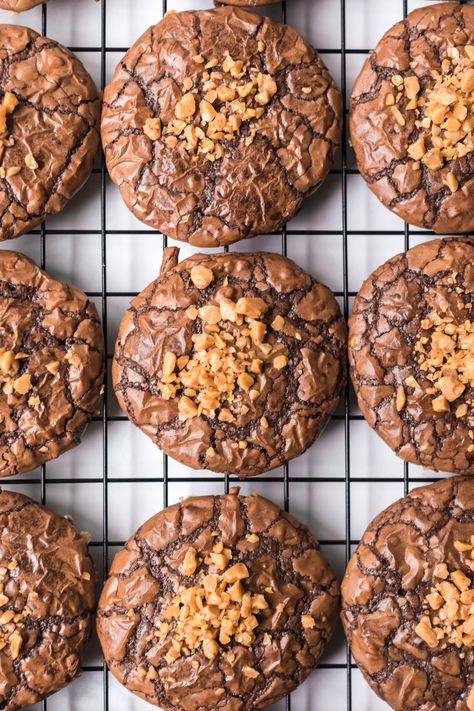 Our Brownie Cookies with Toffee Bits offer the crisp flaky texture of the top of a brownie, and are loaded with crunchy toffee chips! #aspicyperspective #brownies #cookies #christmascookies #toffeecookies #browniecookies #toffee Cookies With Toffee Bits, Toffee Bits Recipe, Salted Caramel Pretzels, Chocolate Chip Shortbread Cookies, Toffee Chips, Salted Caramel Mocha, Brownies Cookies, Cookie Brownie Recipe, A Spicy Perspective