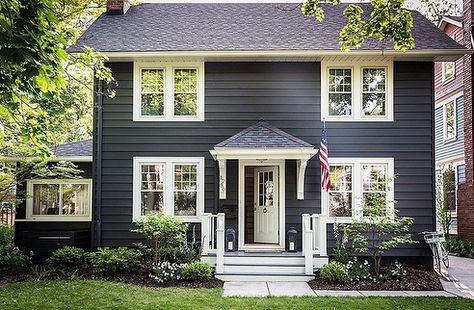 Because we know going to the dark side can be polarizing. Best Exterior House Paint, Colonial House Exteriors, Gray House, Bg Design, Colonial Exterior, Pintura Exterior, Grey Houses, Exterior Paint Colors For House, Windows Exterior