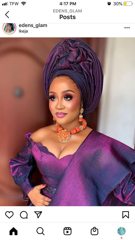 Purple Aso Oke Styles Traditional Weddings, Nigerian Tattoo, Wedding Asoebi, Gele Styles, Saved Videos, Couples African Outfits, African Hair Wrap, Muslim Bridal, African Traditional Wedding Dress