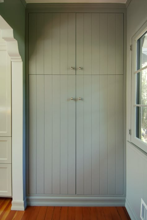 Existing back mudroom with new plaster opening with corbels, new v-groove pantry cabinet V Groove Cabinet Doors, V Groove Cabinets, V Groove Kitchen Cabinets, No Baseboards, Herringbone Brick Floor, Heights House, Mudroom Cabinets, Jenna Sue Design, House Laundry Room