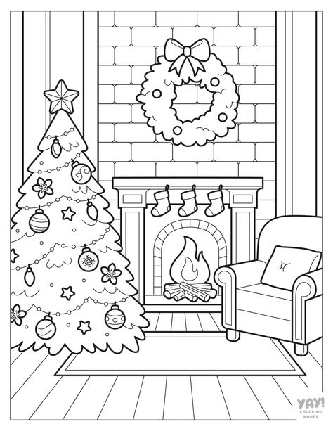 Cozy winter scene with Christmas tree, fireplace, and comfy chair Christmas Coloring Pages Bold And Easy, What To Draw Christmas, Christmas Tree Coloring Book, Christmas Tree For Coloring, Digital Coloring Pages Procreate Free, Christmas Tree Coloring Pages Free, Coloring Pages Christmas Adult, Christmas Drawing Printable, Colouring Pages Christmas Free Printable