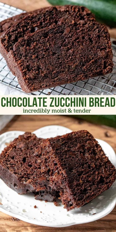 Chocolate zucchini bread that’s incredibly moist, not too sweet, and packed with chocolate chips. The grated zucchini dissolves as it bakes - leaving you with a delicious chocolate loaf that's incredibly tender. Perfect for your fresh garden zucchini! #zucchini #zucchinibread #chocolatezucchini #chocolateloaf #zucchiniloaf from Just So Tasty Choc Zucchini Bread, Pudding Zucchini Bread, Greek Yogurt Zucchini Bread, Chocolate Zucchini Loaf, Zucchini Loaf, Zucchini Recipes Dessert, Zucchini Chocolate, Best Zucchini Bread, Chocolate Chip Zucchini Bread