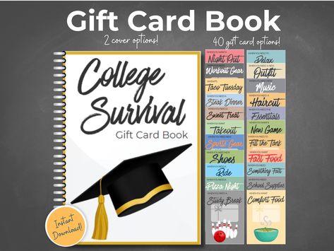 Give the most unique gift to your college bound student with this College Survival Gift Card Book, a perfect send them off on their next adventure! This Gift Card Book is filled with pages for different types of gift cards that students may need to survive their first year of college. This is a great pick-me-up for students who are far from home and could use a little encouragement. Just print out each page, add a gift card and put them into a book for a special and personalized gift! There is a College Survival Gift Card Book, Gift Card Album For College Student, Gift Card Ideas For College Students, College Gift Card Book, Gift Card Book For College Student, Books For College Students, Grad Gift Ideas, Gift Card Book, Gift Card Presentation