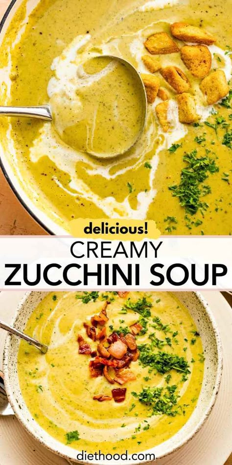 This hearty and delicious cream of zucchini soup is made with roasted zucchini, onions, and garlic, then blended with rich cream to create a velvety texture. It’s so flavorful and it's perfect for a cozy meal that will have you coming back for seconds. Healthy Cream Soup, No Cream Soup Recipes, Recipe With Zucchini And Squash, Creamy Veggie Soup Recipes, Fall Creamy Soup Recipes, Zucchini Chicken Soup, Creamed Vegetable Soup, Summer Zucchini Soup, Roasted Zucchini Soup