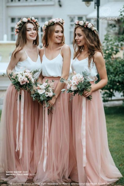 The Two-Piece Bridesmaids Dresses That Look Beautiful Every Time Bridsmaid Dresses, Bridesmaid Colours, Two Piece Bridesmaid Dresses, Blush Tulle Skirt, Bridesmaid Separates, Chic Bridesmaid Dresses, Wedding Colours, Bride Accessories, Picture Outfits