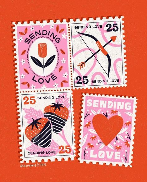 Postcard Stamp Design, Valentine Promotion Design, Creative Greeting Card Design Ideas, Cute Merch Ideas, Stamp Graphic Design, February Illustration, Stamp Valentines, Creative Card Design, Love Letter Design