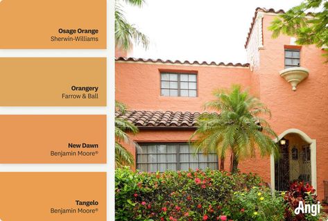 A two story burnt orange Spanish style house with a lush garden, including different tones of burnt orange paint Mediterranean House Colors, Spanish Exterior Paint Colors, Italian House Exterior, House With Black Trim, Spanish House Exterior, Spanish Style Home Exterior, Sf House, House Painting Tips, Best Exterior House Paint