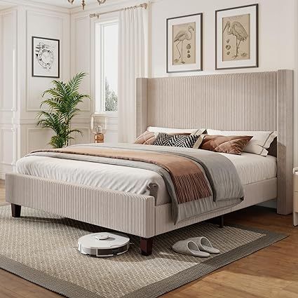 Amazon.com: YUMPIE Queen Size Upholstered Platform Bed Frame, 50.8" Corduroy Bed Frame with Wingback Headboard Vertical Tufted, Solid Wood Legs, No Box Spring Needed, Taupe : Home & Kitchen Taupe Bed Frame, Modern King Bed Frame, Beige Bed Frame, Modern King Bed, Channel Bed, Tall Bed Frame, Taupe Bedding, High Headboard, Headboard Bed