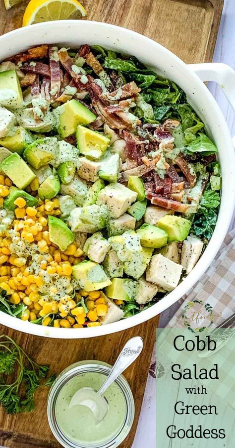 Panera Green Goddess Salad, Chicken Cobb Salad, Goddess Dressing Recipe, Dairy Free Salads, Cobb Salad Recipe, Corn Avocado, Goddess Dressing, Gluten Free Salads, Green Salad Recipes