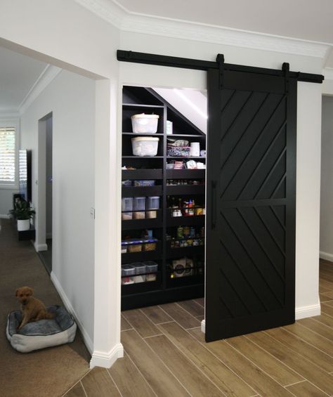 Custom Walk In Pantry, Stairs Wine Rack, Under Stairs Wine, Door Under Stairs, Cabinet Under Stairs, Open Basement Stairs, Under Stairs Space, Under Stairs Storage Ideas, Kitchen Under Stairs